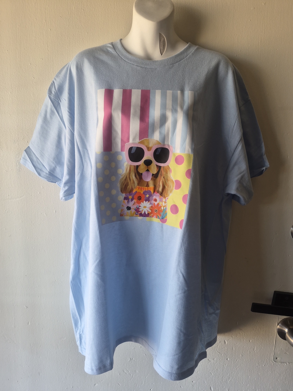 Gildan Light Blue Tee with Pink and Yellow Dog Graphic